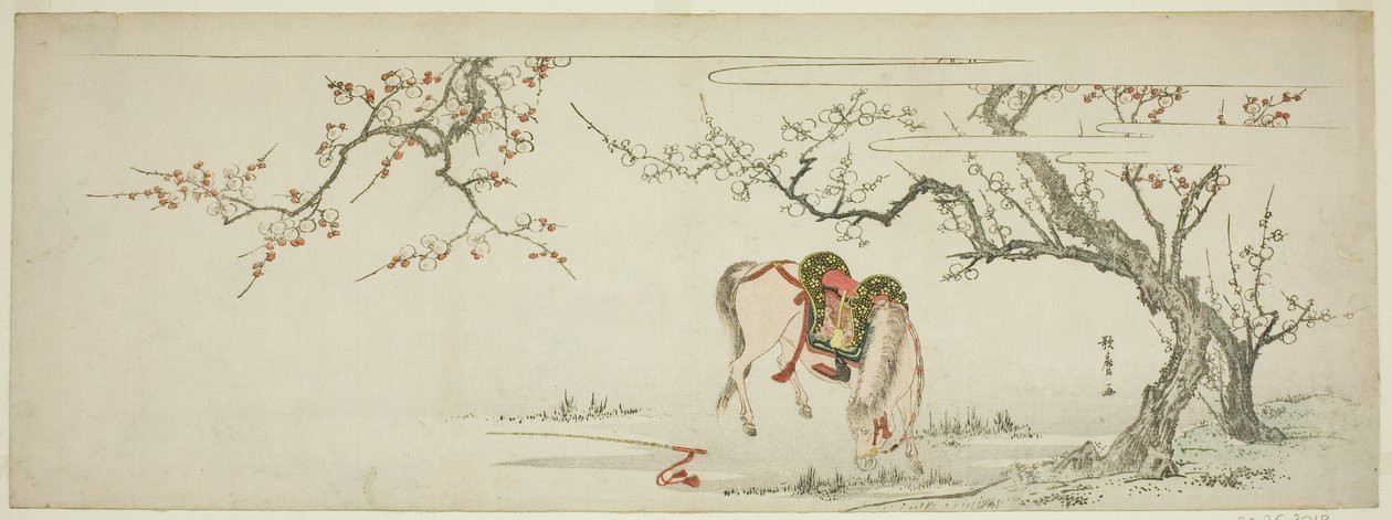 Paard onder een bloeiende pruimenboom door Kitagawa Utamaro