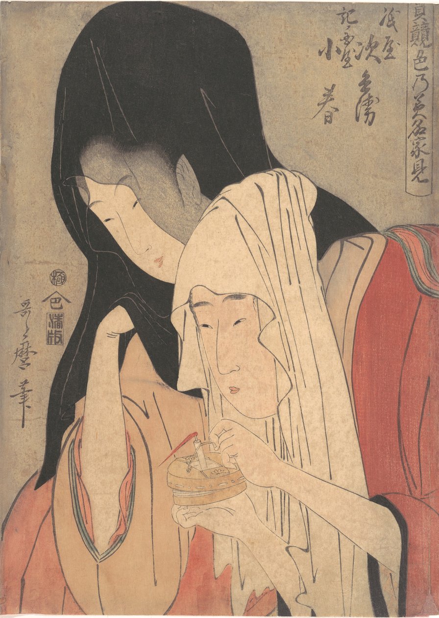 Jihei van Kamiya vlucht met Koharu van Kinokuniya door Kitagawa Utamaro