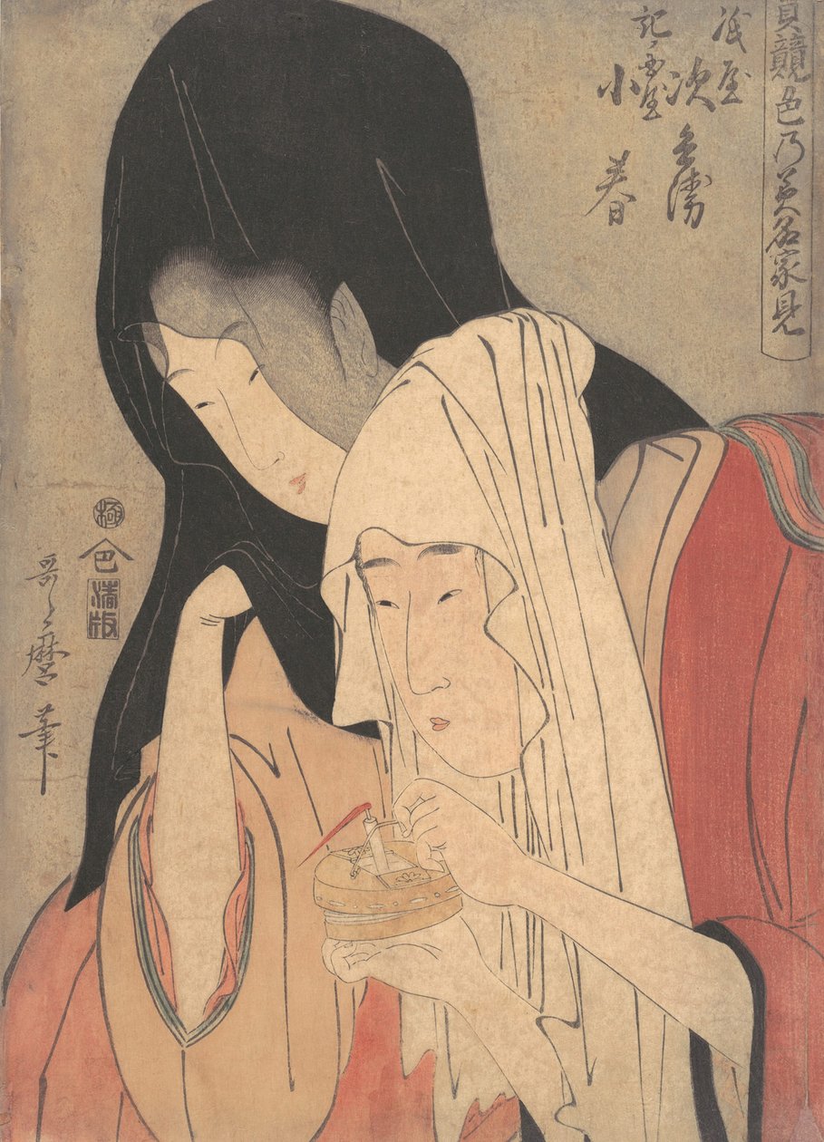 Jihei van Kamiya die wegloopt met Koharu van Kinokuniya, begin 1800s door Kitagawa Utamaro
