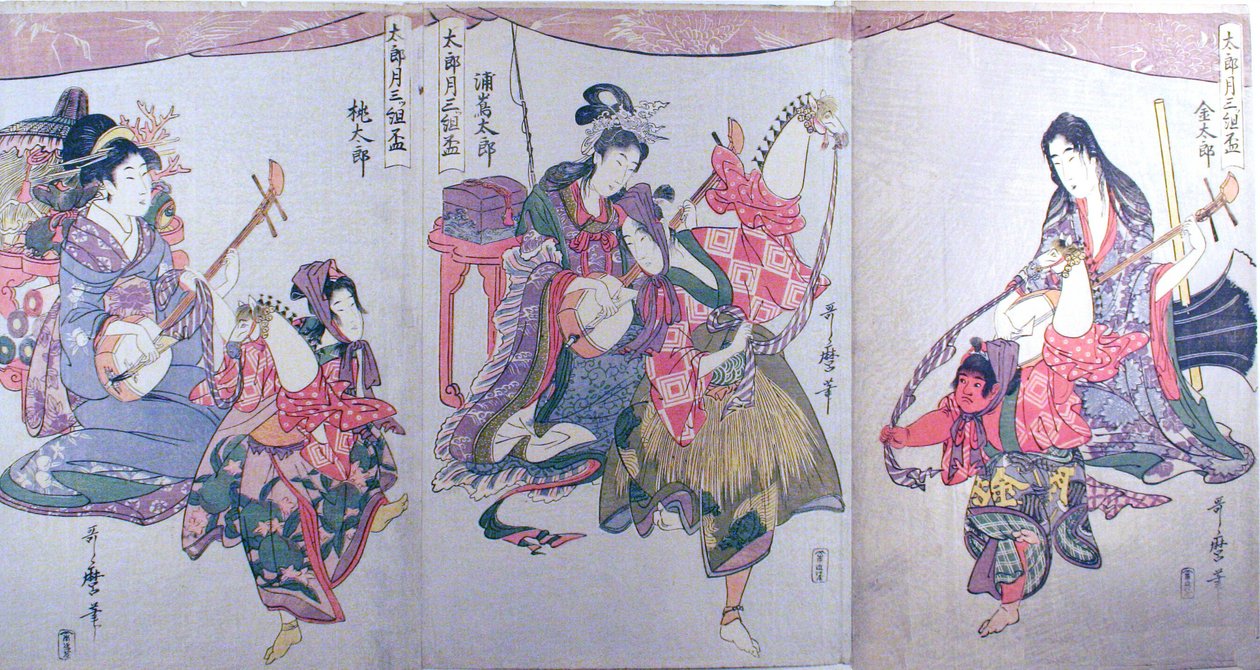 Kintaro, Urashimataro en Momotaro, van het drieluik "Set van drie sakebekers voor de eerste maand (Tarozuki mitsugumi sakazuki)". door Kitagawa Utamaro