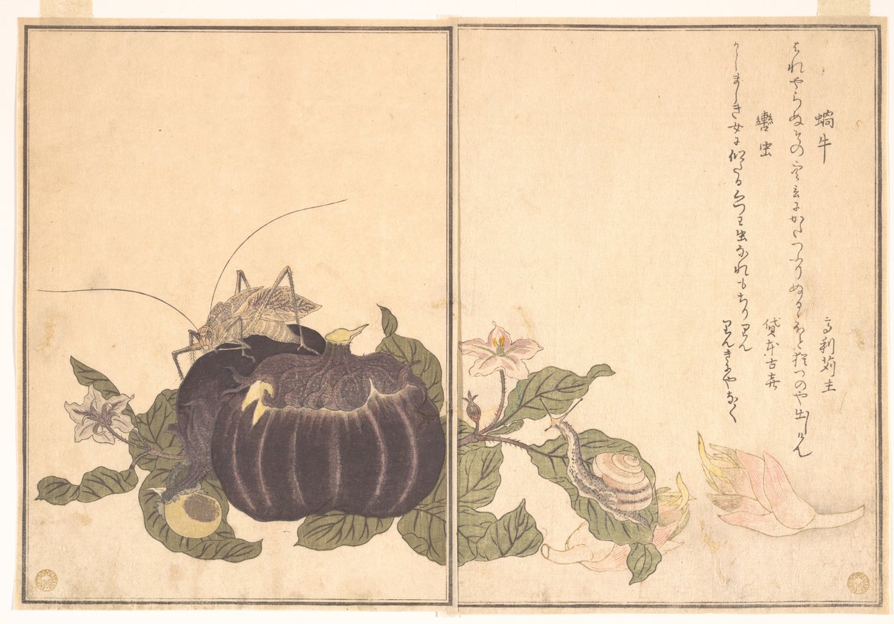 Landslak (Katatsumuri); reuzenboomsprinkhaan (Kutsuwamushi), uit het prentenboek van kruipende wezens (Ehon mushi erami) door Kitagawa Utamaro