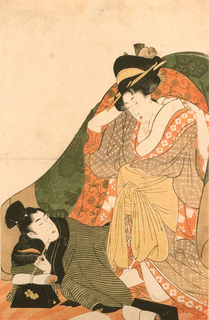 Geliefden onder een futon; openingsbeeld van een erotische reeks door Kitagawa Utamaro