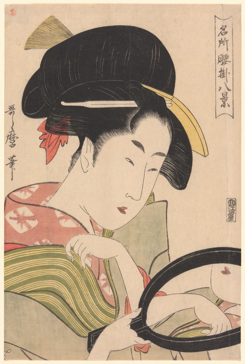 Spiegel, uit de serie "Acht Zichten van Theestalletjes op Beroemde Plaatsen" ("Meisho koshikake hakkei") door Kitagawa Utamaro