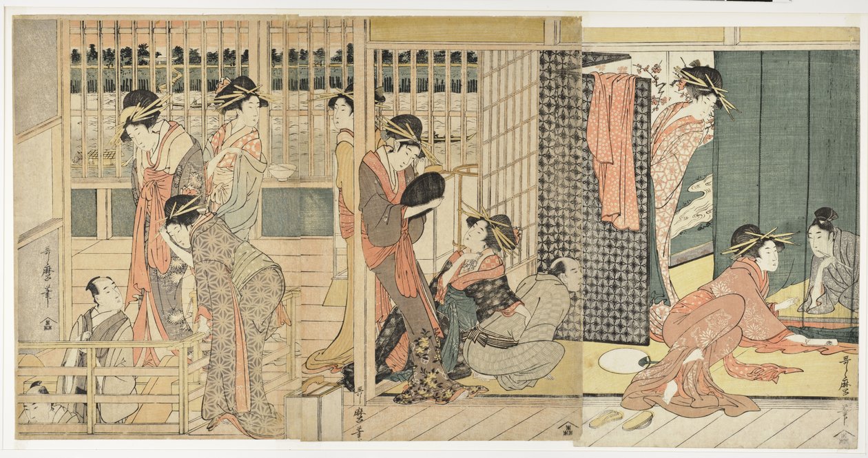 Ochtendafscheid bij de tijdelijke verblijven van het plezierkwartier, 1801 door Kitagawa Utamaro