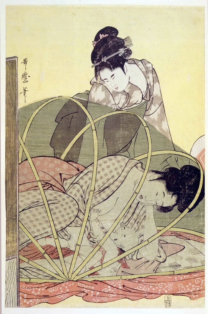 Moeder die baby voedt onder muskietennet door Kitagawa Utamaro