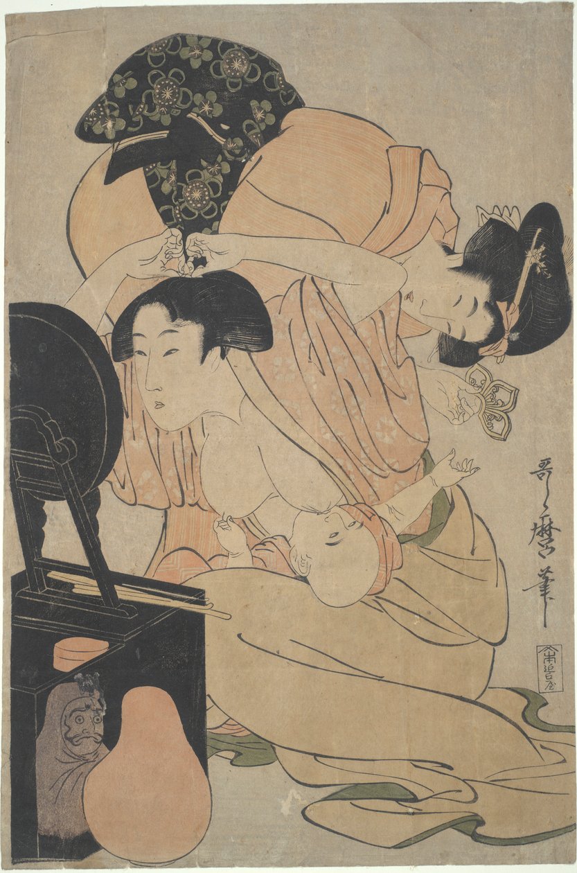 Moeder met zuigeling en bediende door Kitagawa Utamaro
