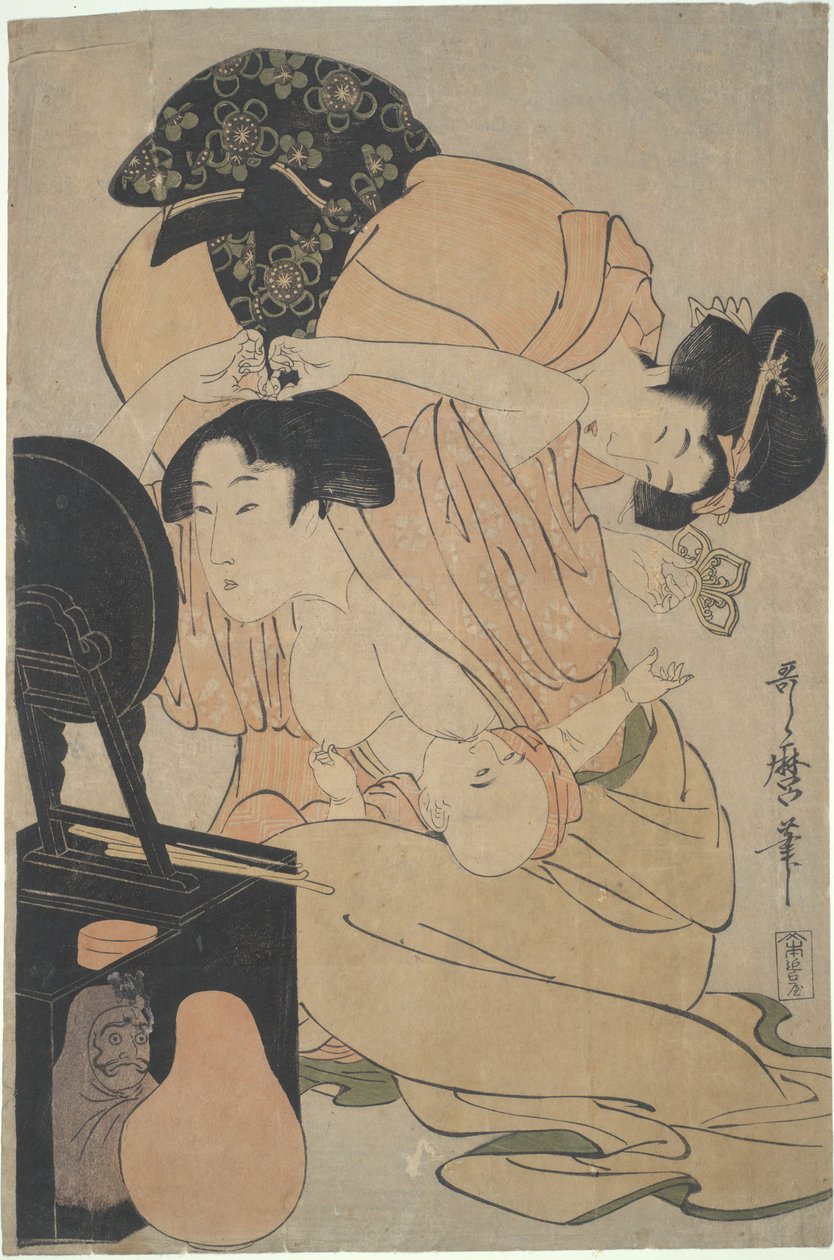 Moeder met een baby die borstvoeding krijgt en een begeleider door Kitagawa Utamaro