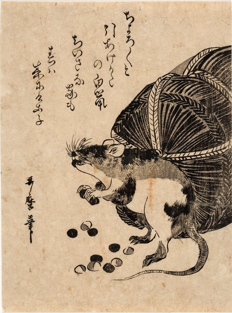 Muis met een zak rijst door Kitagawa Utamaro