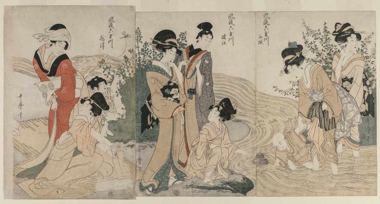 Musashi, Omi, Yamashiro en Settsu provincies uit de serie Modieuze Zes Juweelrivieren door Kitagawa Utamaro