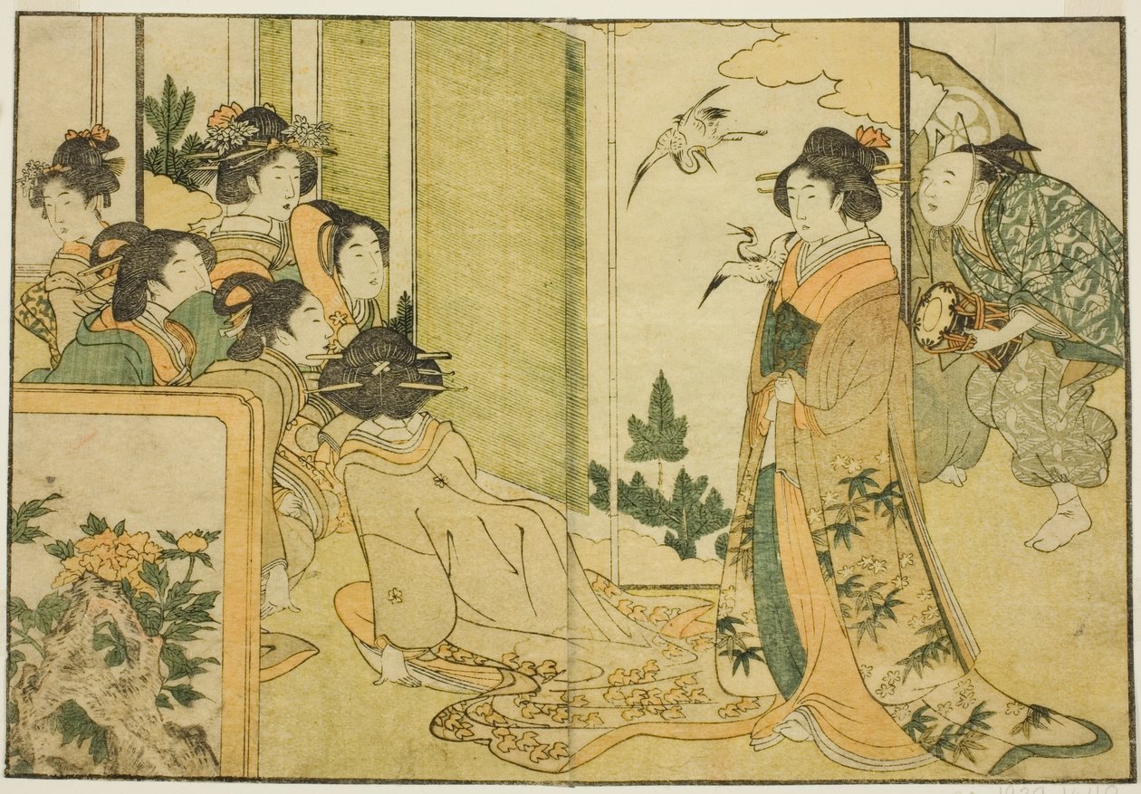 Nieuwjaars Manzai-voorstelling in het landhuis van een Feodale Heer, uit het geïllustreerde boek "Picture Book: Bloemen van de vier seizoenen (Ehon shiki no hana)," vol. 1 door Kitagawa Utamaro
