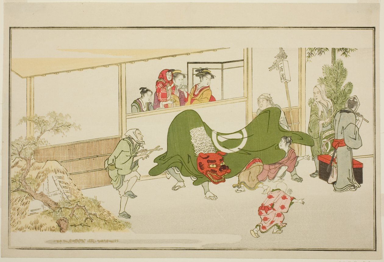 Nieuwjaar Straatartiesten, uit de geïllustreerde kyoka-anthologie "De Jonge God Ebisu (Waka Ebisu)" door Kitagawa Utamaro