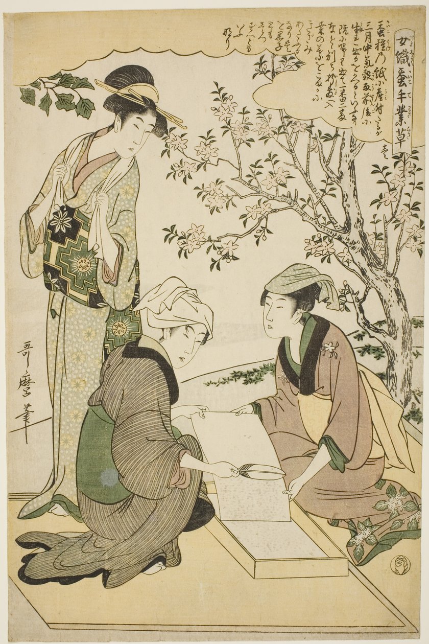 Nr. 1 (ichi), uit de serie "Vrouwen bezig in de zijderupsindustrie (Joshoku kaiko tewaza-gusa)" door Kitagawa Utamaro