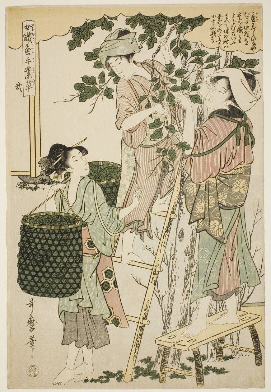 Nr. 2 (ni), uit de serie "Vrouwen Betrokken bij de Zijderupsindustrie (Joshoku kaiko tewaza-gusa)" door Kitagawa Utamaro