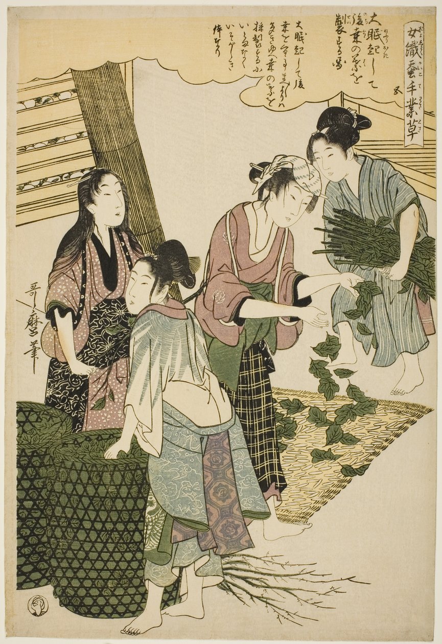 Nr. 5 (go), uit de serie "Vrouwen Bezig met de Zijderupsindustrie (Joshoku kaiko tewaza-gusa)" door Kitagawa Utamaro