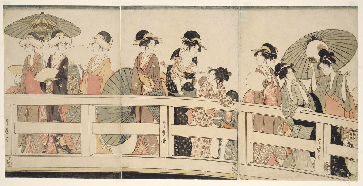 Bovenop en onder de Ryogoku-brug door Kitagawa Utamaro
