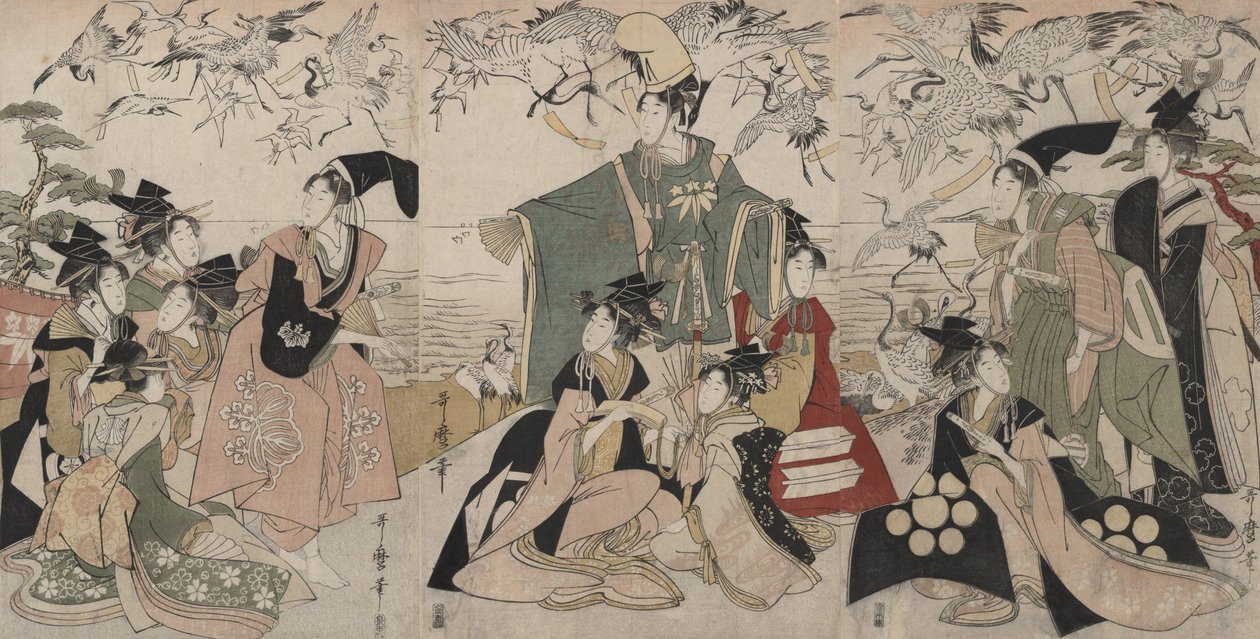 Parodie op Yoritomo die kraanvogels vrijlaat (Mitate Yoritomo hōkaku) door Kitagawa Utamaro
