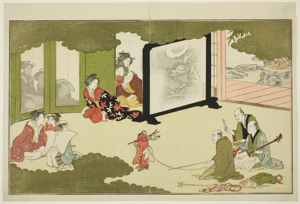Optreden van een Getrainde Aap, uit een geïllustreerde poëziebundel getiteld "De Jonge God Ebisu (Waka Ebisu)" door Kitagawa Utamaro