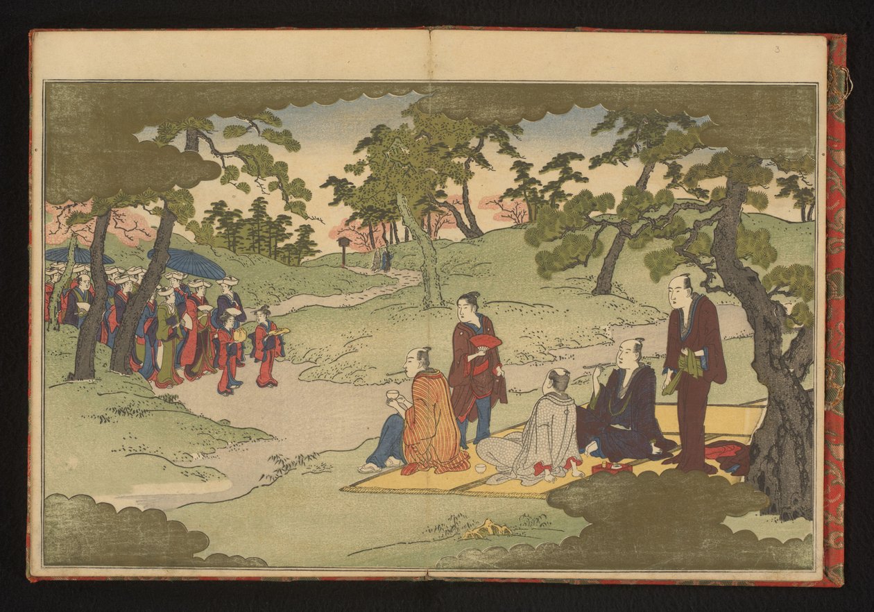 Picknicken en thee drinken in de heuvels van Ueno, Edo door Kitagawa Utamaro