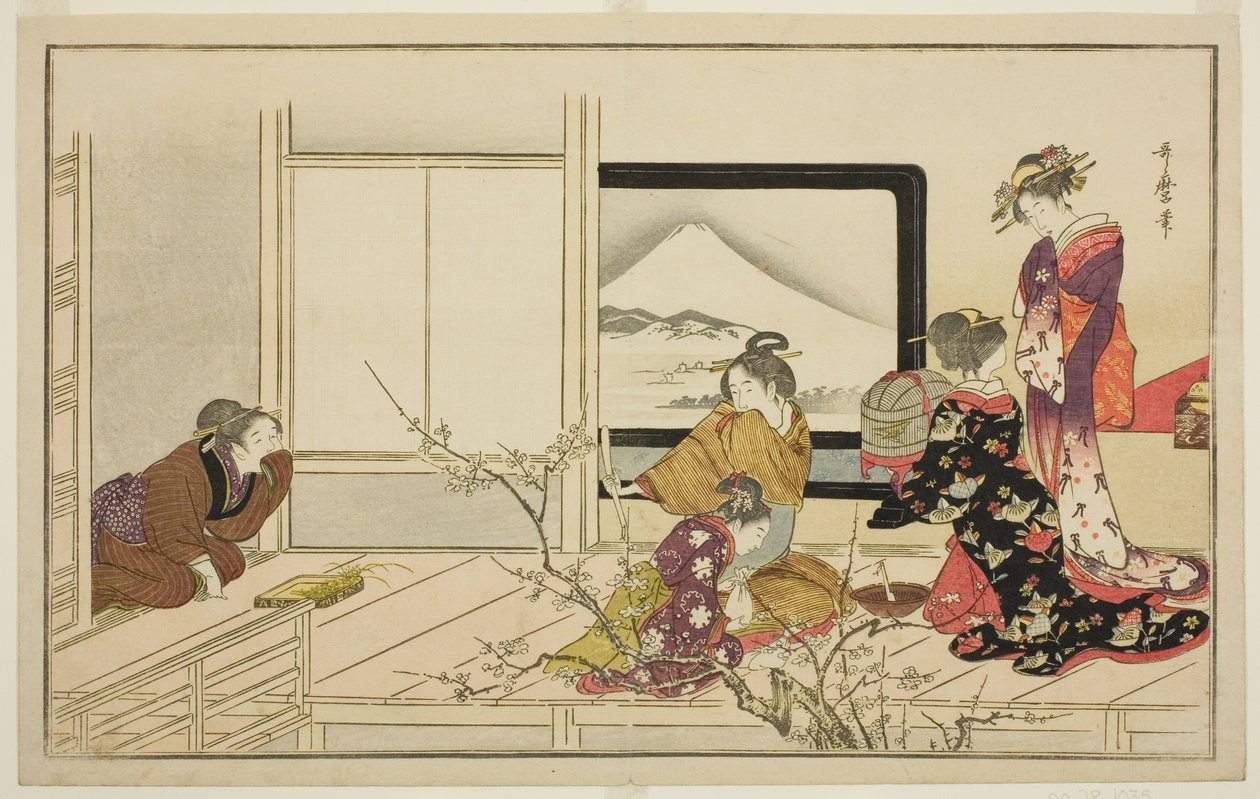 Voedsel bereiden voor een nachtegaal, uit de geïllustreerde kyoka bloemlezing "Stampende dans van mannen (Otoko toka)". door Kitagawa Utamaro