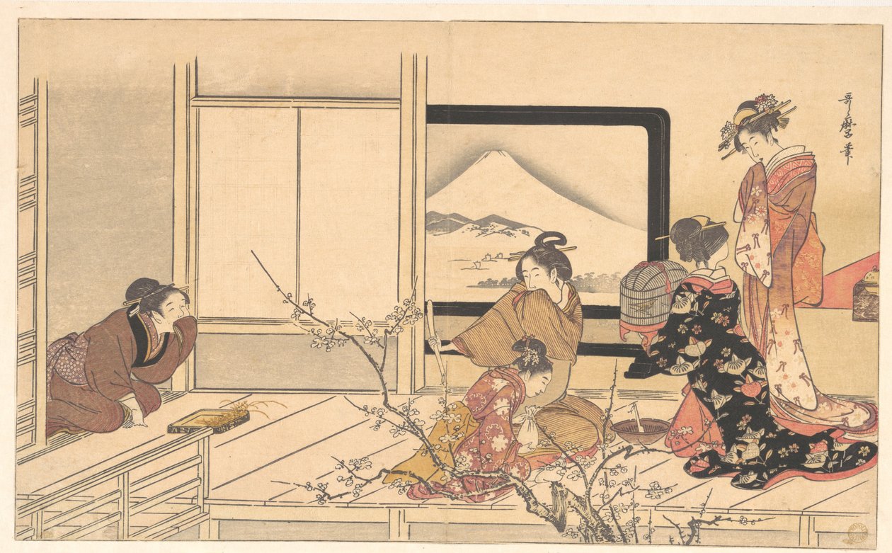 “Voer klaarmaken voor de zangvogel”, van het album Men’s Stamping Dance (Otoko dōka, uguisu no esa suri) door Kitagawa Utamaro