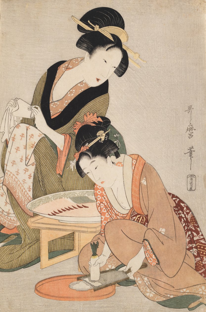 Bereiding van rauwe vis door Kitagawa Utamaro