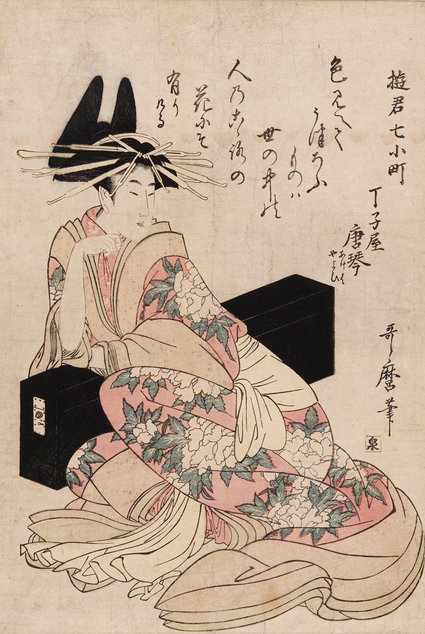 Prent - De courtisane Chojiya Karakoto, 18e eeuw door Kitagawa Utamaro
