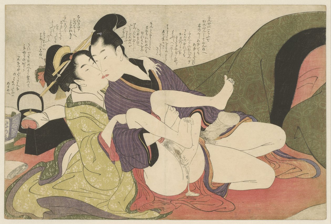 Prostituee kussend met jonge man (Negai no itoguchi) door Kitagawa Utamaro