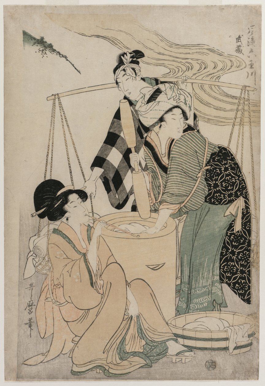 Settsu Provincie uit de serie Modieuze Zes Juweelrivieren Furyu Mu Tamagawa, c. 1804 door Kitagawa Utamaro