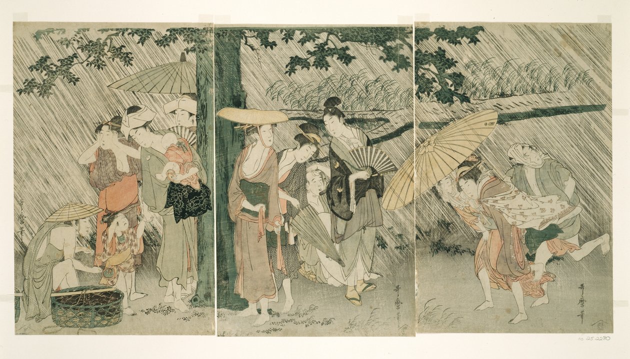 Schuilen voor een Plotselinge Regenbui door Kitagawa Utamaro