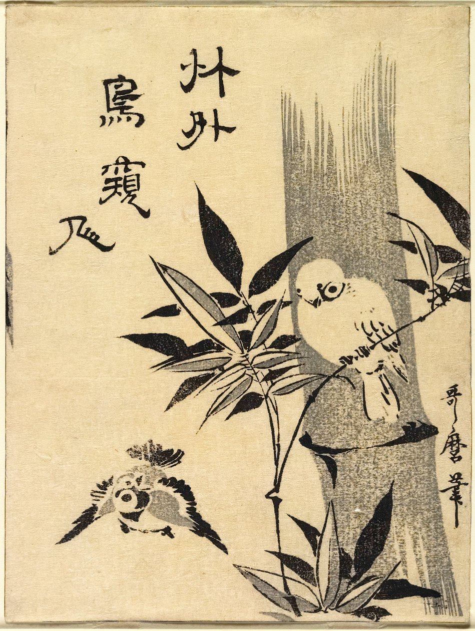 Mussen op een bamboetak door Kitagawa Utamaro