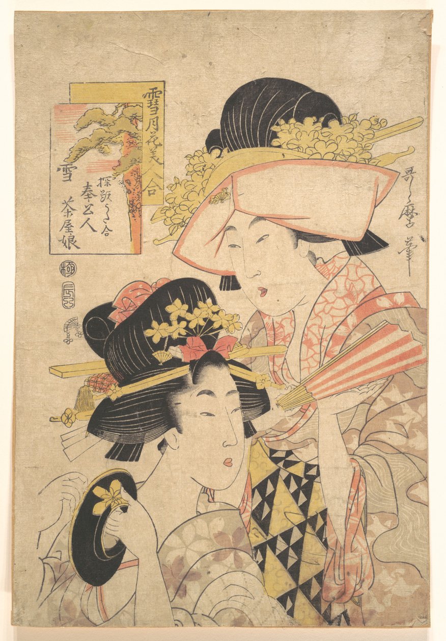 Theehuismeisje en dienstmeisje: Sneeuw uit de serie Vergelijking van de schoonheden van sneeuw, maan en bloemen door Kitagawa Utamaro