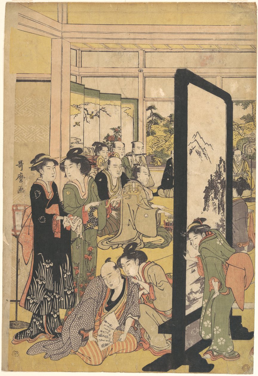 De kunstenaar Kitao Masanobu ontspant zich op een feest door Kitagawa Utamaro