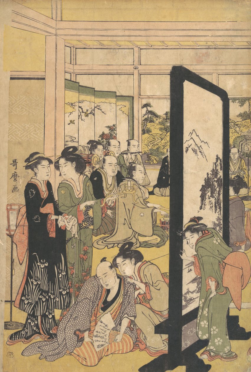 De kunstenaar Kitao Masanobu ontspant zich op een feest, 1790s door Kitagawa Utamaro