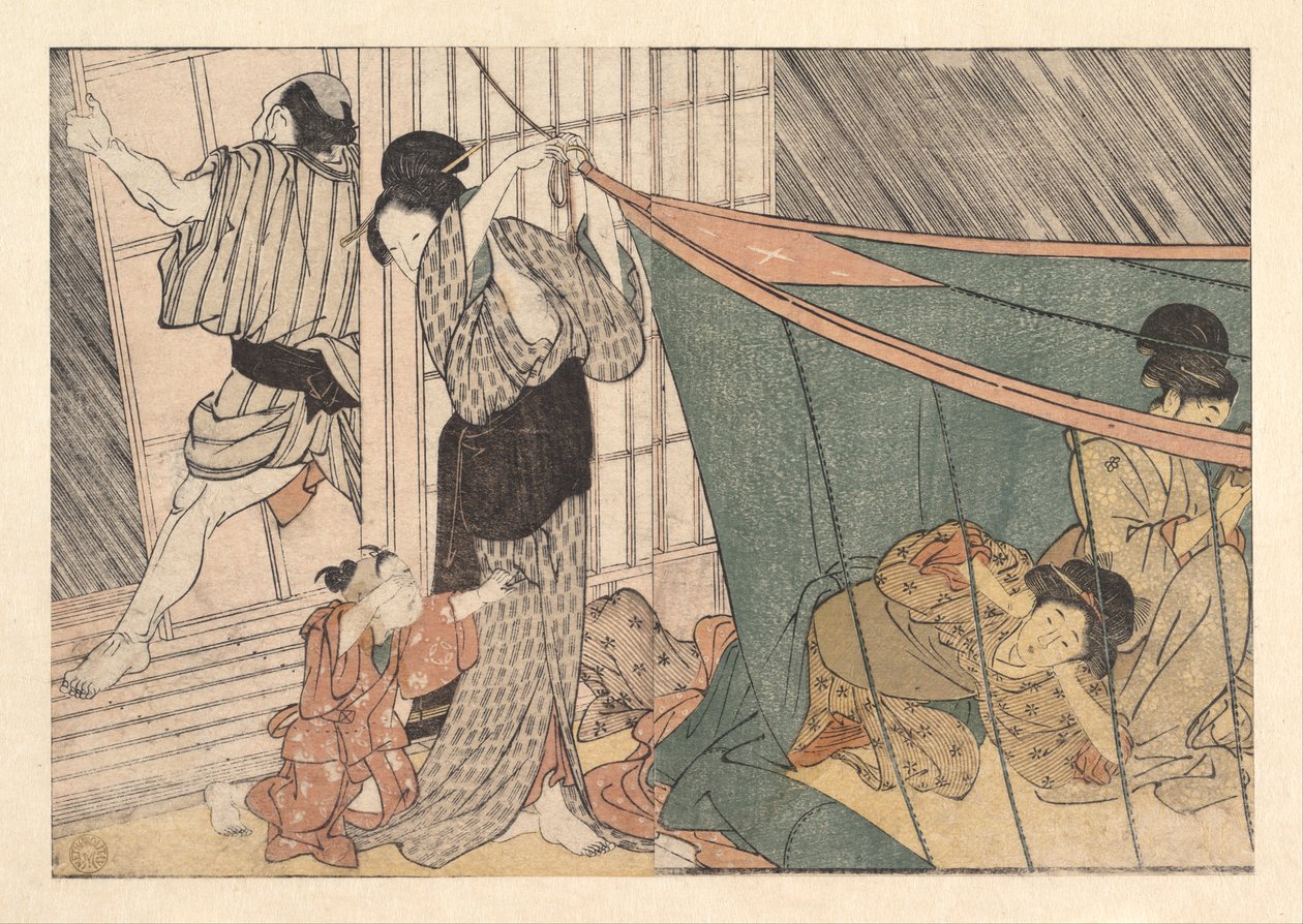 Het naderende onweer, uit het geïllustreerde boek Bloemen van de vier seizoenen door Kitagawa Utamaro
