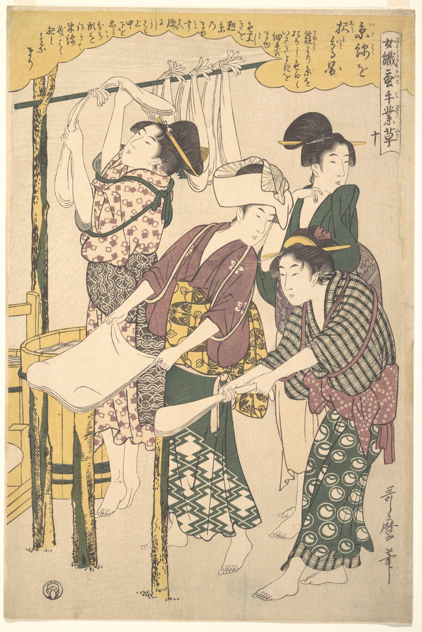 De vervaardiging van zijdevlok door Kitagawa Utamaro