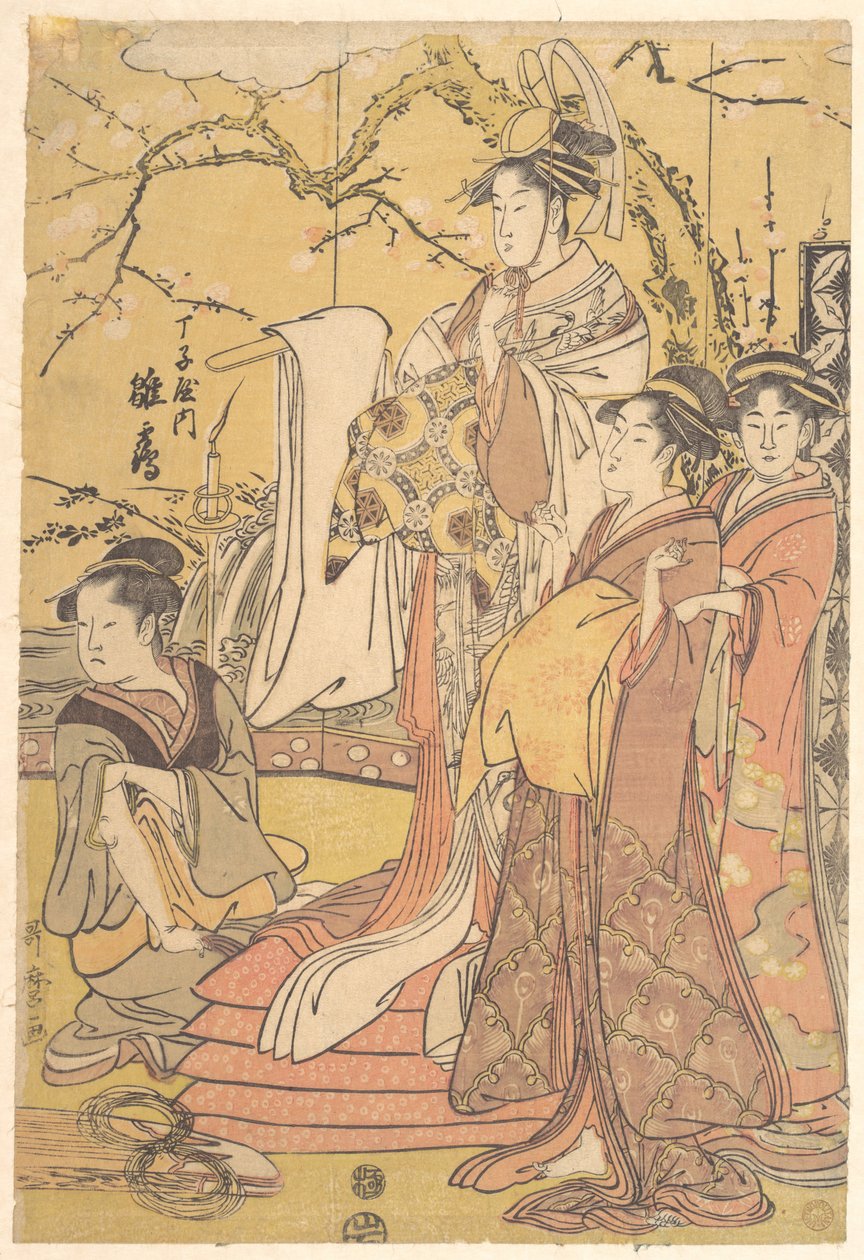 De oiran Hinazuru van Chojiya staand op een stapel futons door Kitagawa Utamaro