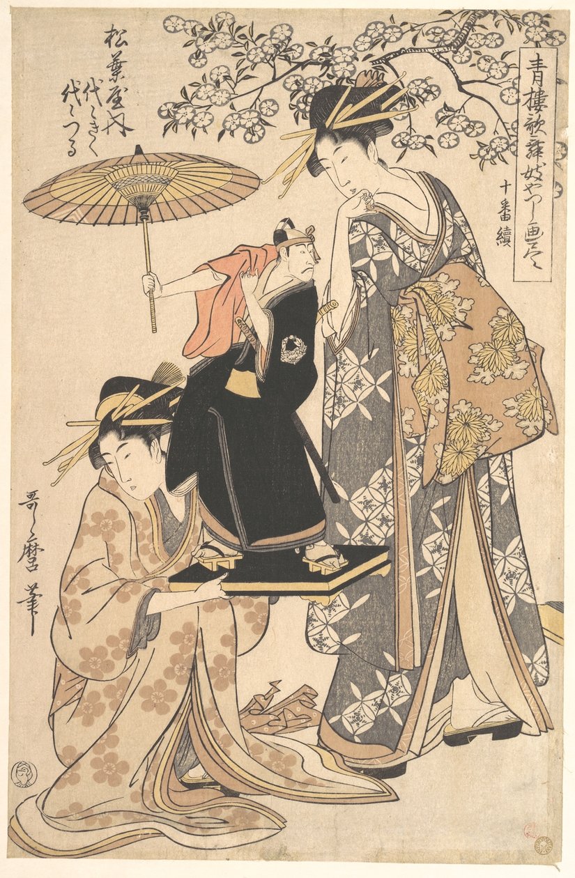 De oiran Yoyogiku van Matsubaya, staande onder een kersenboom door Kitagawa Utamaro