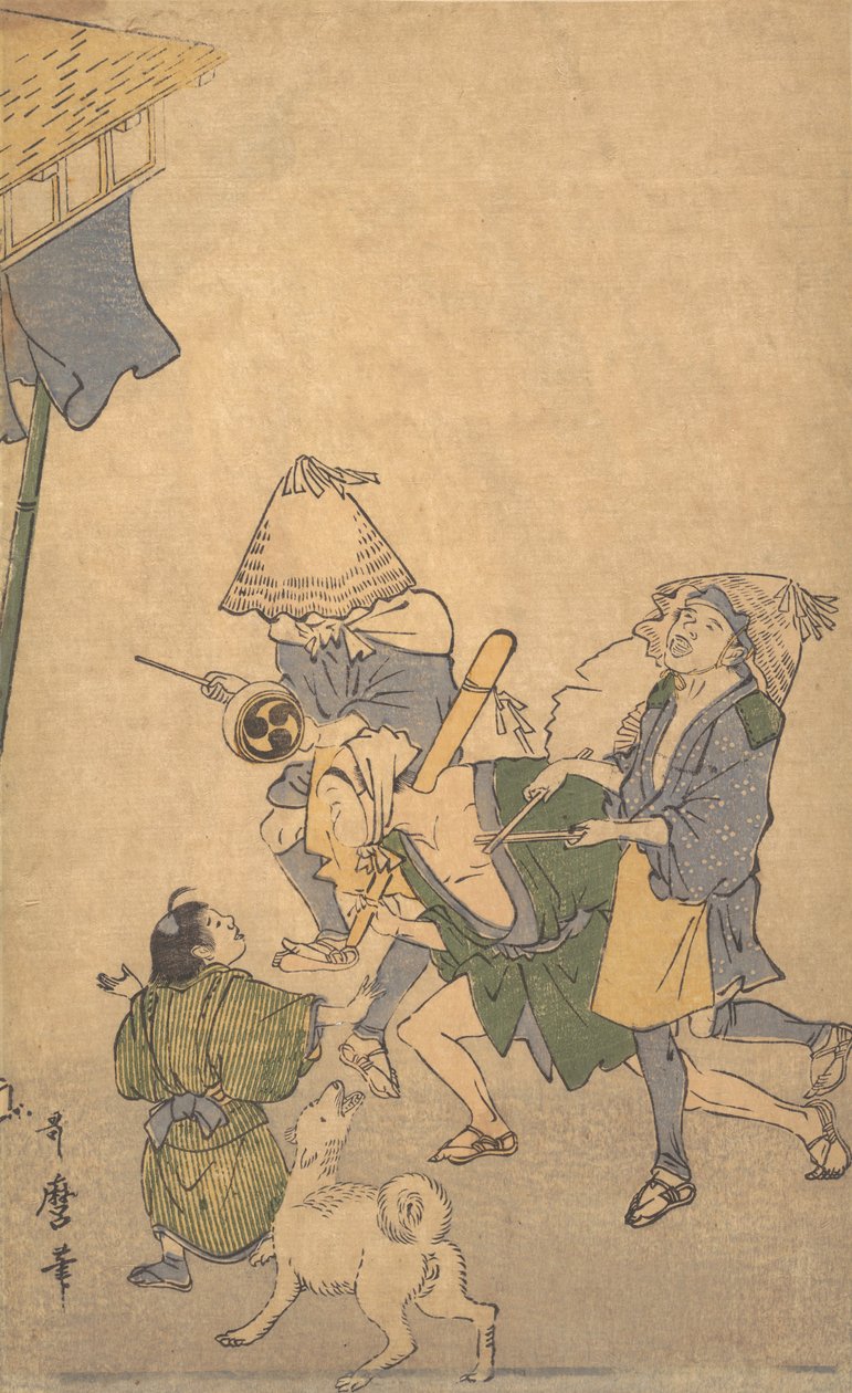 Drie feestvierders van de lagere klassen, met Komuso-hoeden door Kitagawa Utamaro