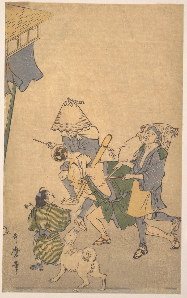 Drie feestvierders uit de lagere klassen, met komuso-hoeden, een kleine jongen en een hond door Kitagawa Utamaro