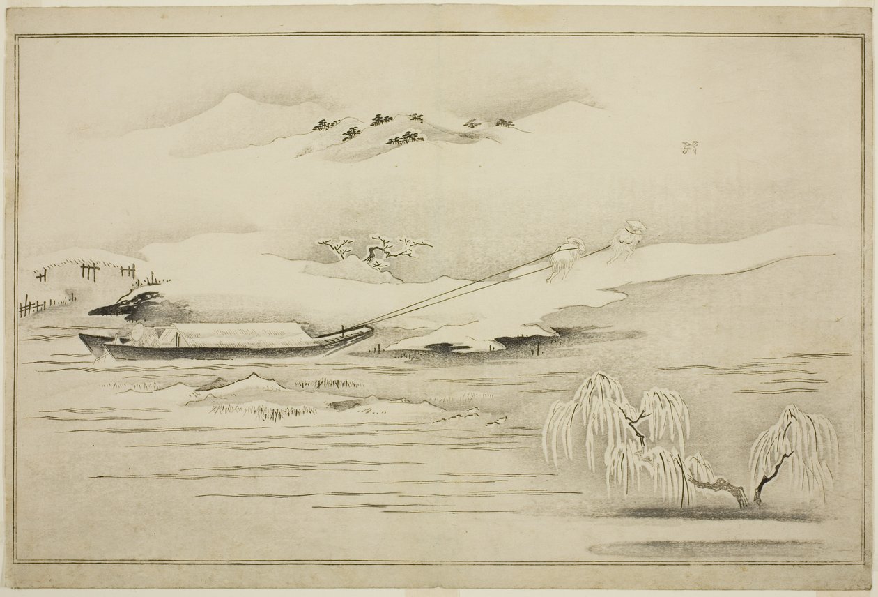 Een Schuit Slepen in de Sneeuw, uit het album De Zilveren Wereld door Kitagawa Utamaro