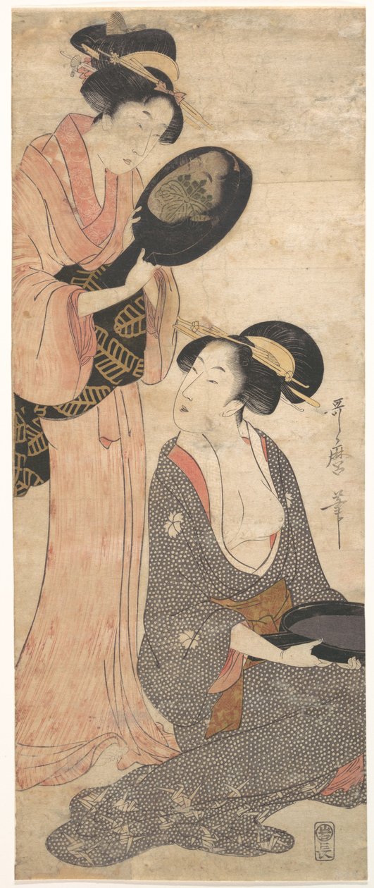 Twee dames, elk met een deel van een gelakte spiegel door Kitagawa Utamaro