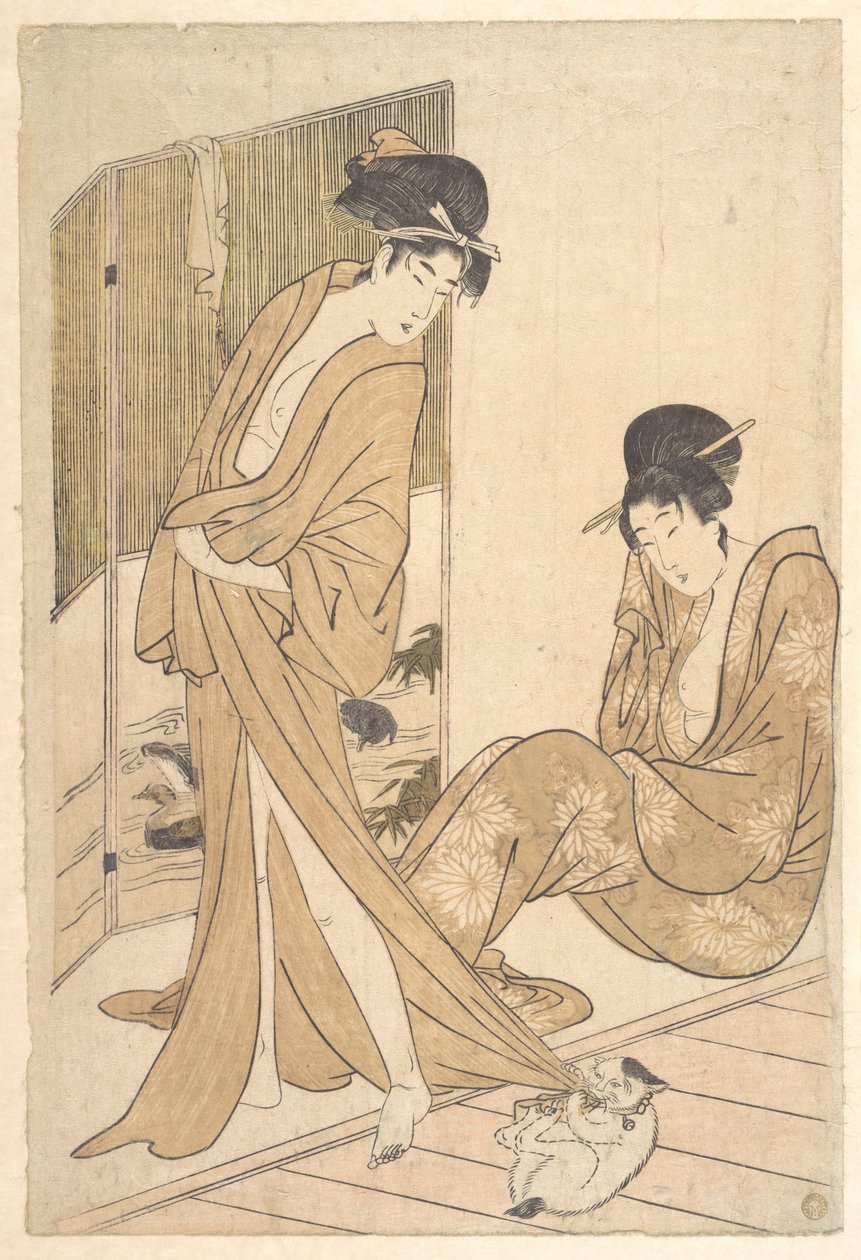 Twee jonge vrouwen, gehuld in een yukata na een bad door Kitagawa Utamaro