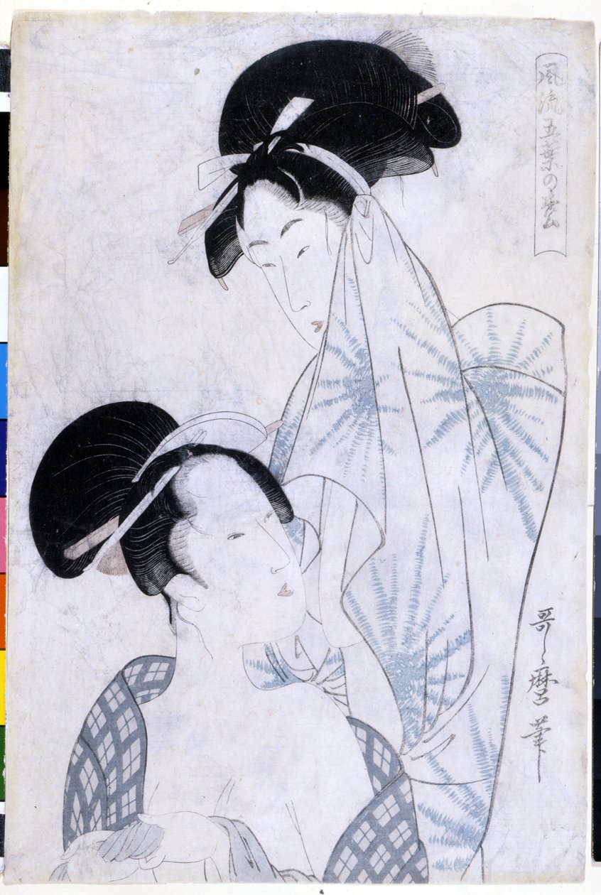 Twee vrouwen verlaten het bad. 1800. Kunstwerk door Utamaro KITAGAWA. door Kitagawa Utamaro