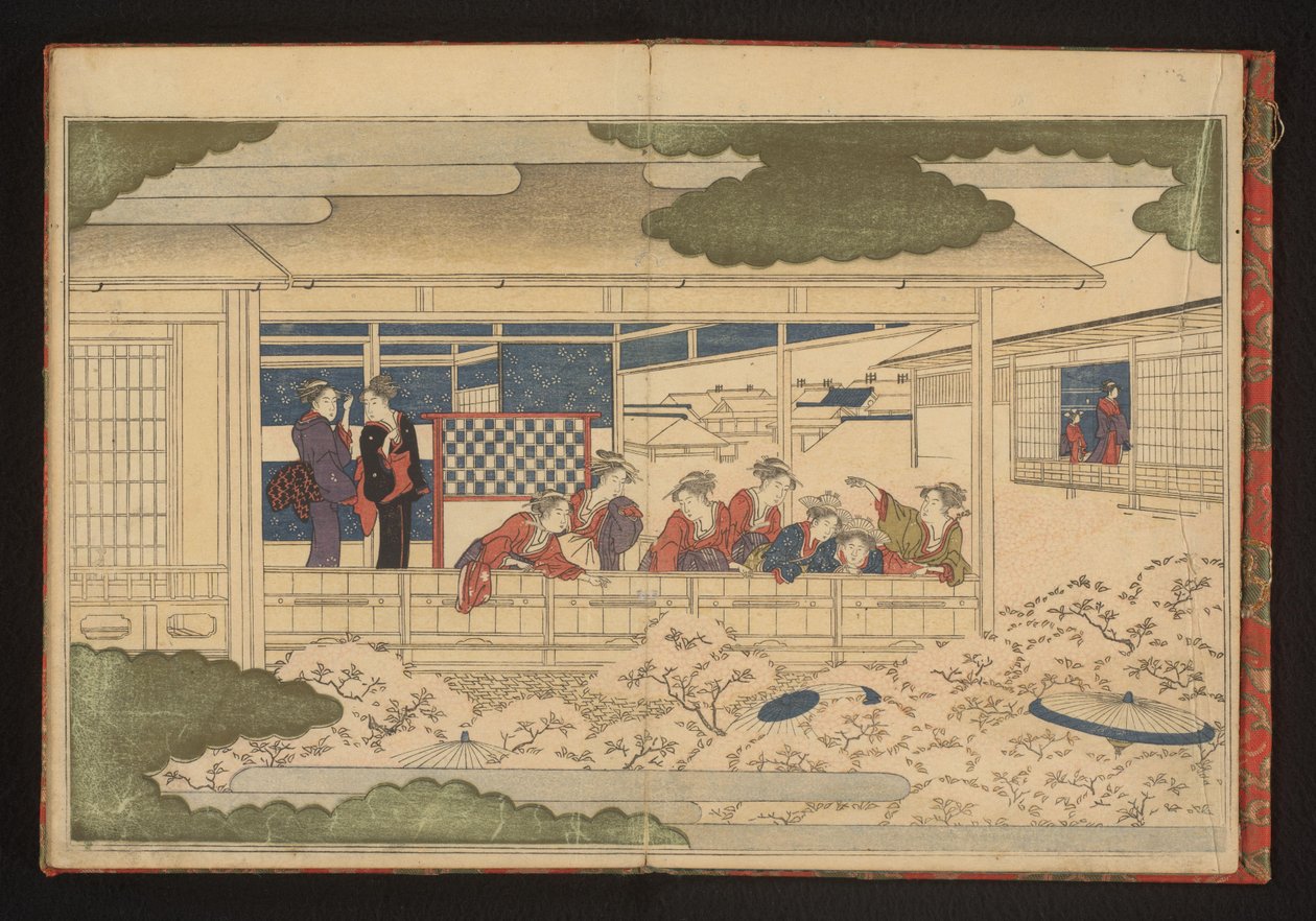 Parade bekijken op de hoofdstraat, Nakanochô, in het Yoshiwara plezierkwartier door Kitagawa Utamaro