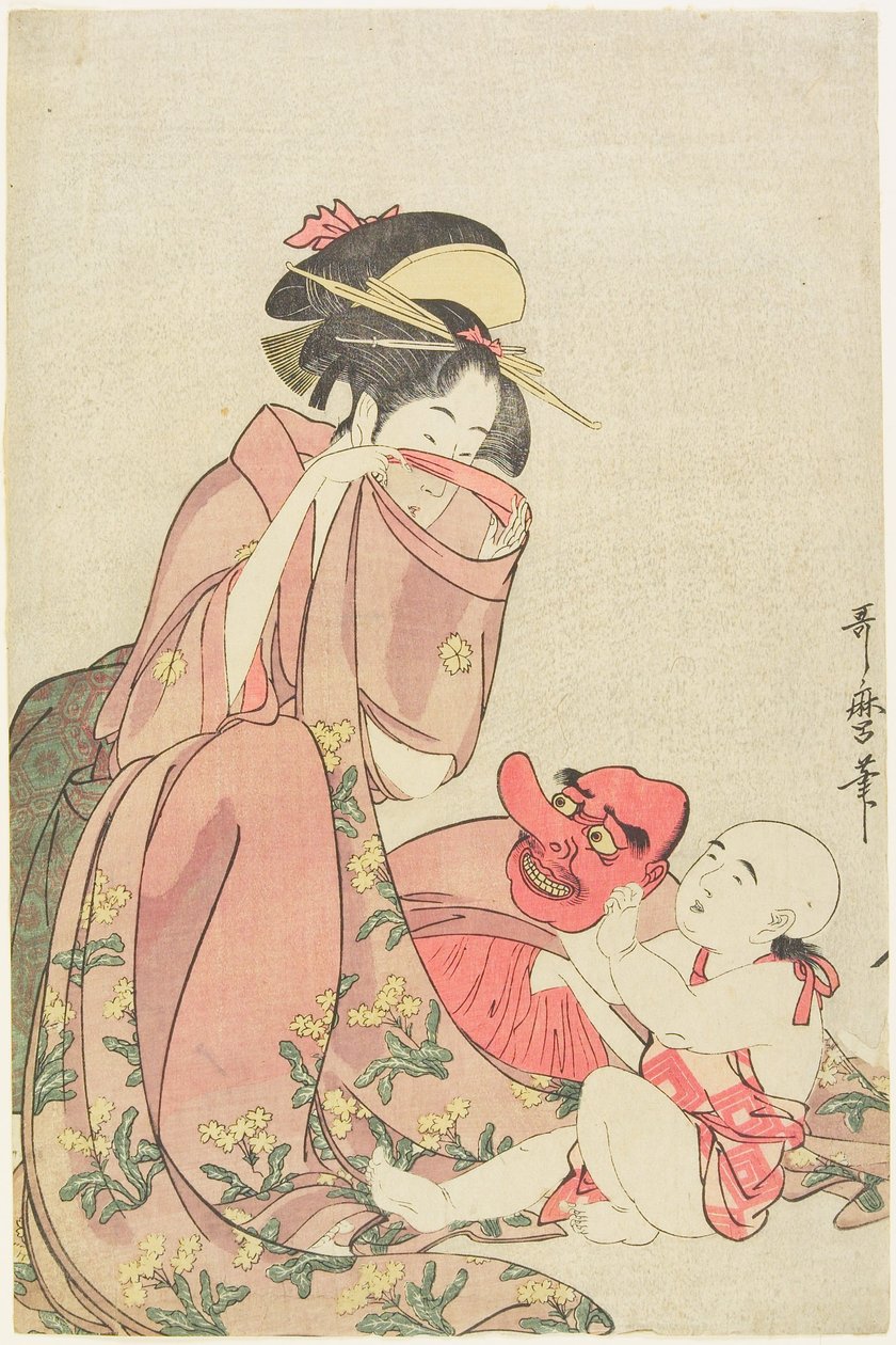 Vrouw die speelt met een kind met een tengu-masker door Kitagawa Utamaro