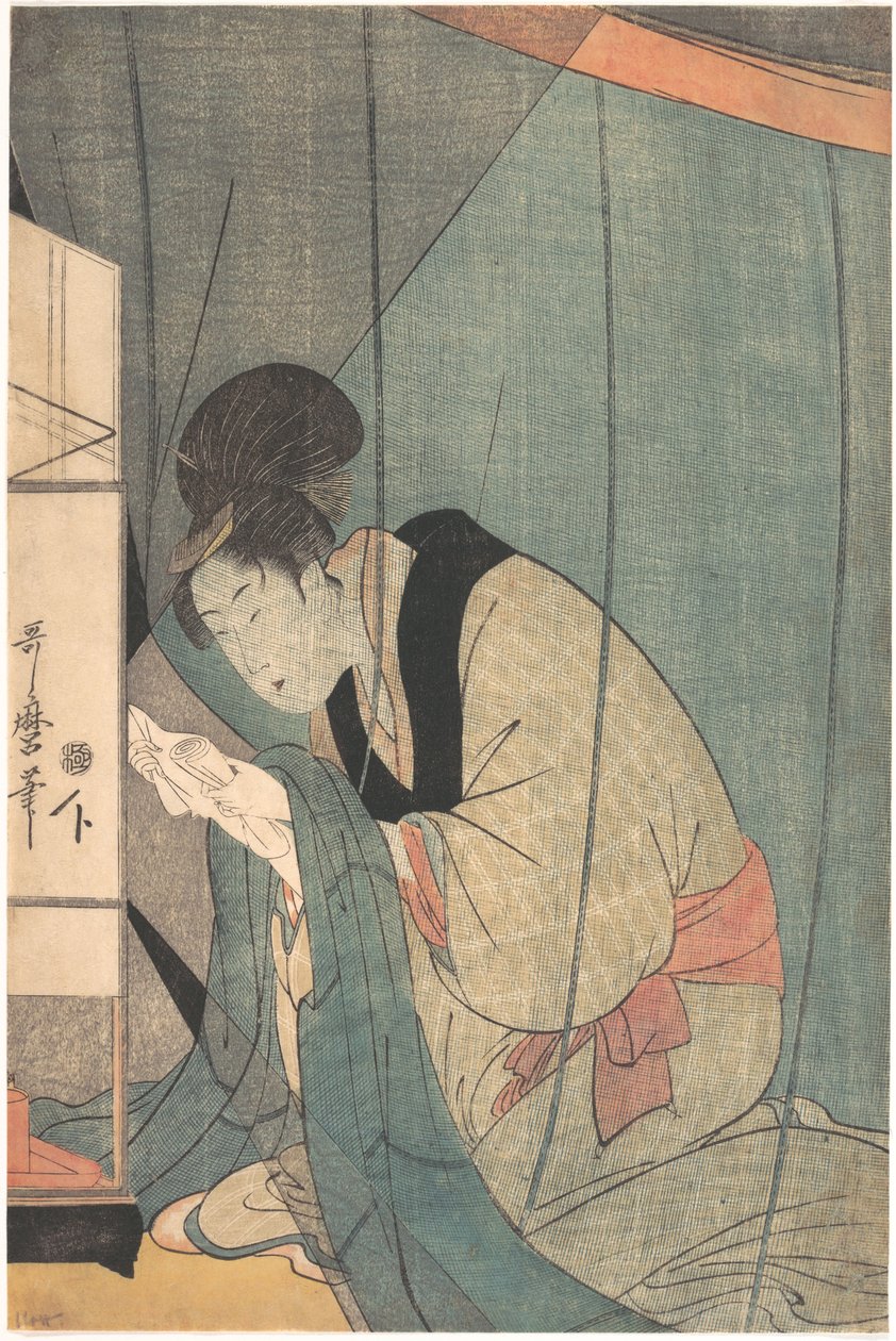 Vrouw die een brief leest onder een muskietennet door Kitagawa Utamaro