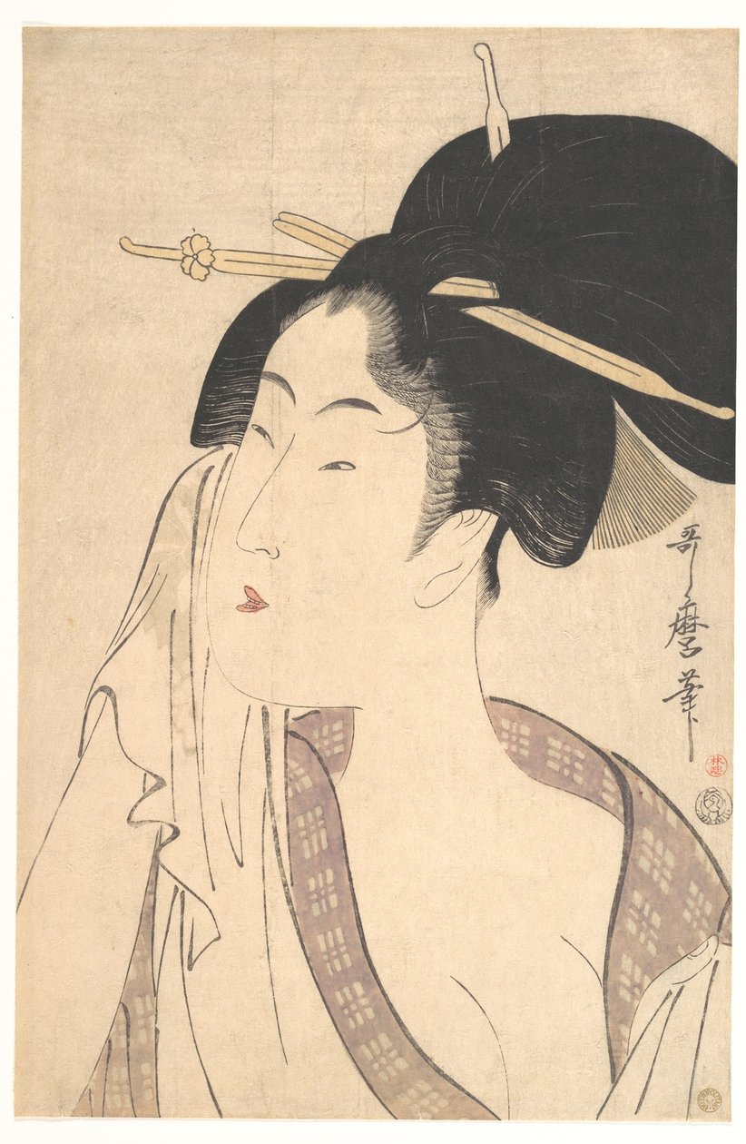 Vrouw die zich ontspant na haar bad door Kitagawa Utamaro