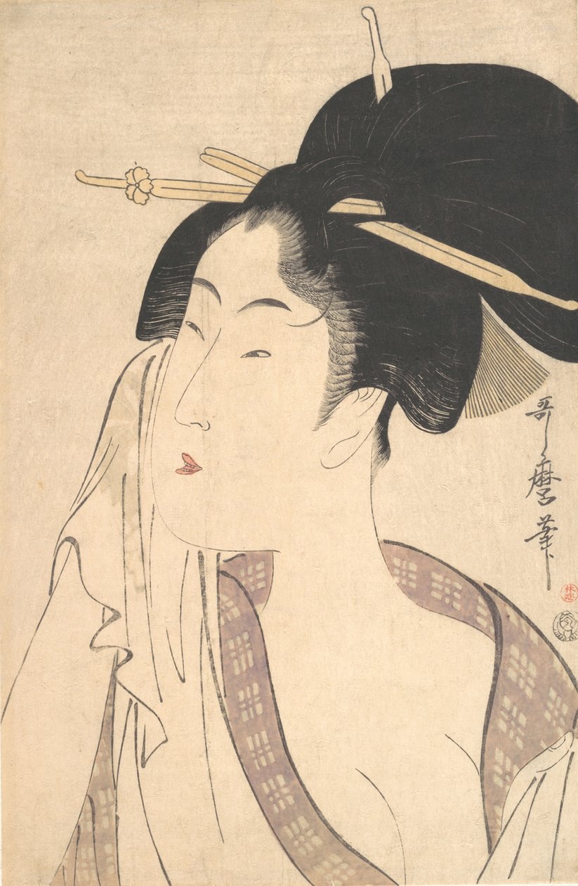 Vrouw ontspant na haar bad, 1790s door Kitagawa Utamaro