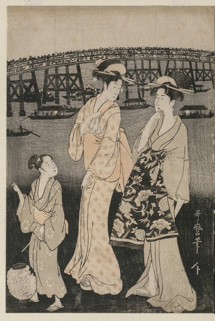 Vrouwen Genieten van de Avondkoelte bij de Ryogoku-brug door Kitagawa Utamaro