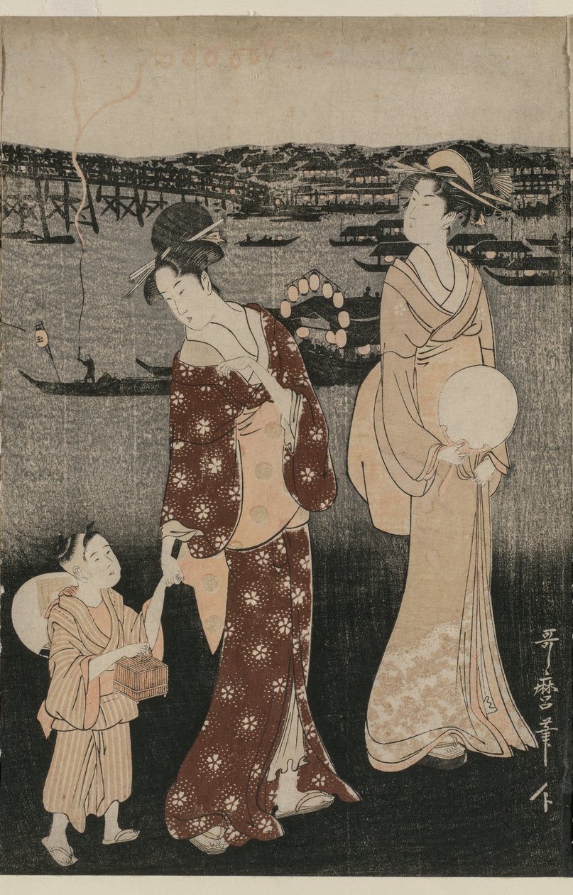 Vrouwen Genieten van de Avondkoelte bij de Ryogoku-brug door Kitagawa Utamaro
